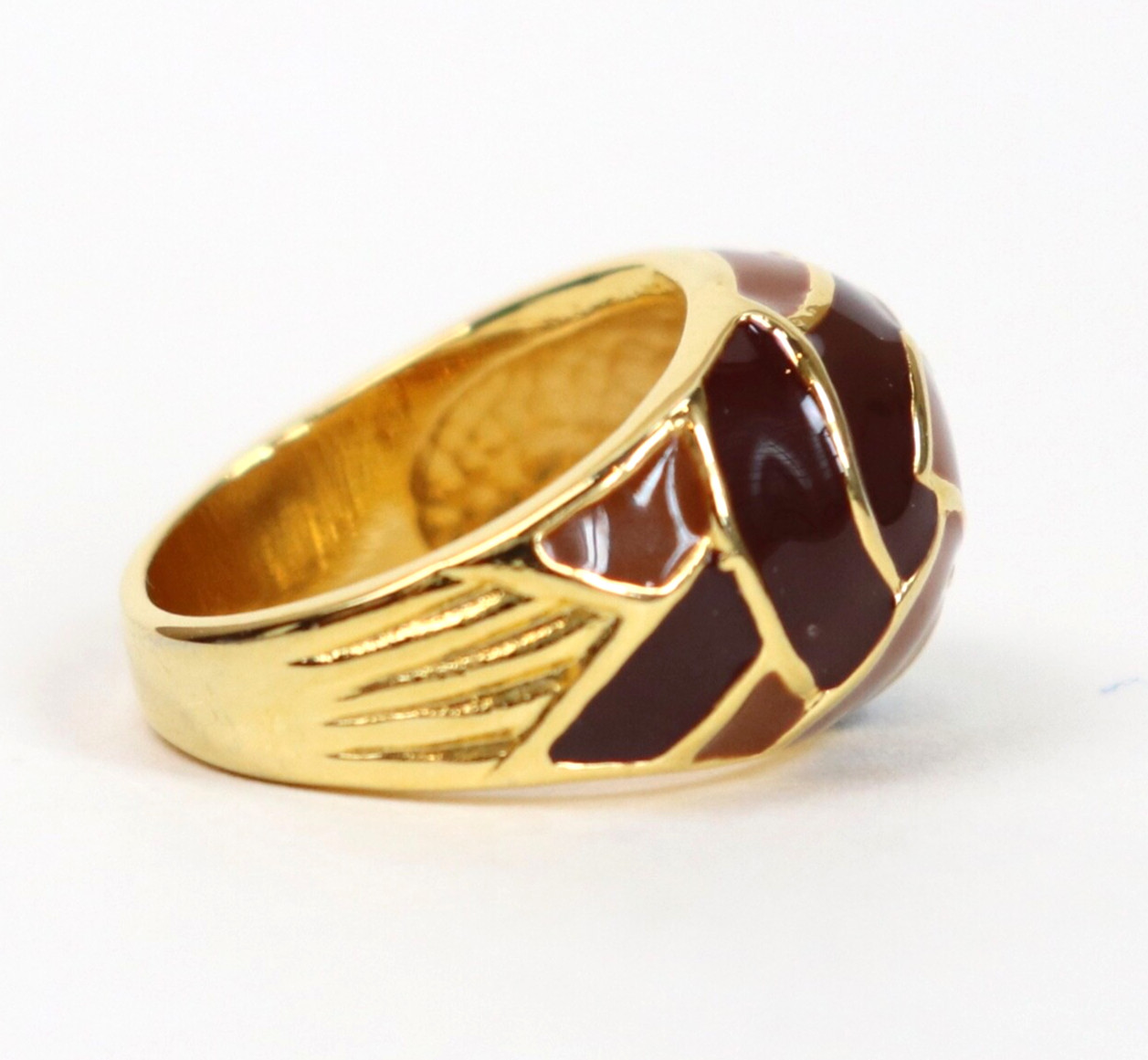 Gold Tone Enamel Statement Cocktail Geometric Ring Burnt Orange Brown Sz 7.5