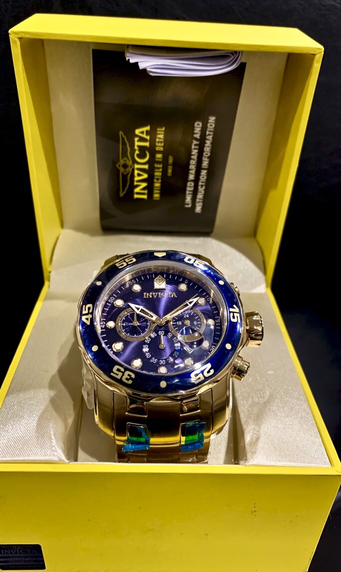 Invicta Mens PRO DIVER SCUBA Chronograph Blue Dial 18Kt Gold Plated Watch 0073
