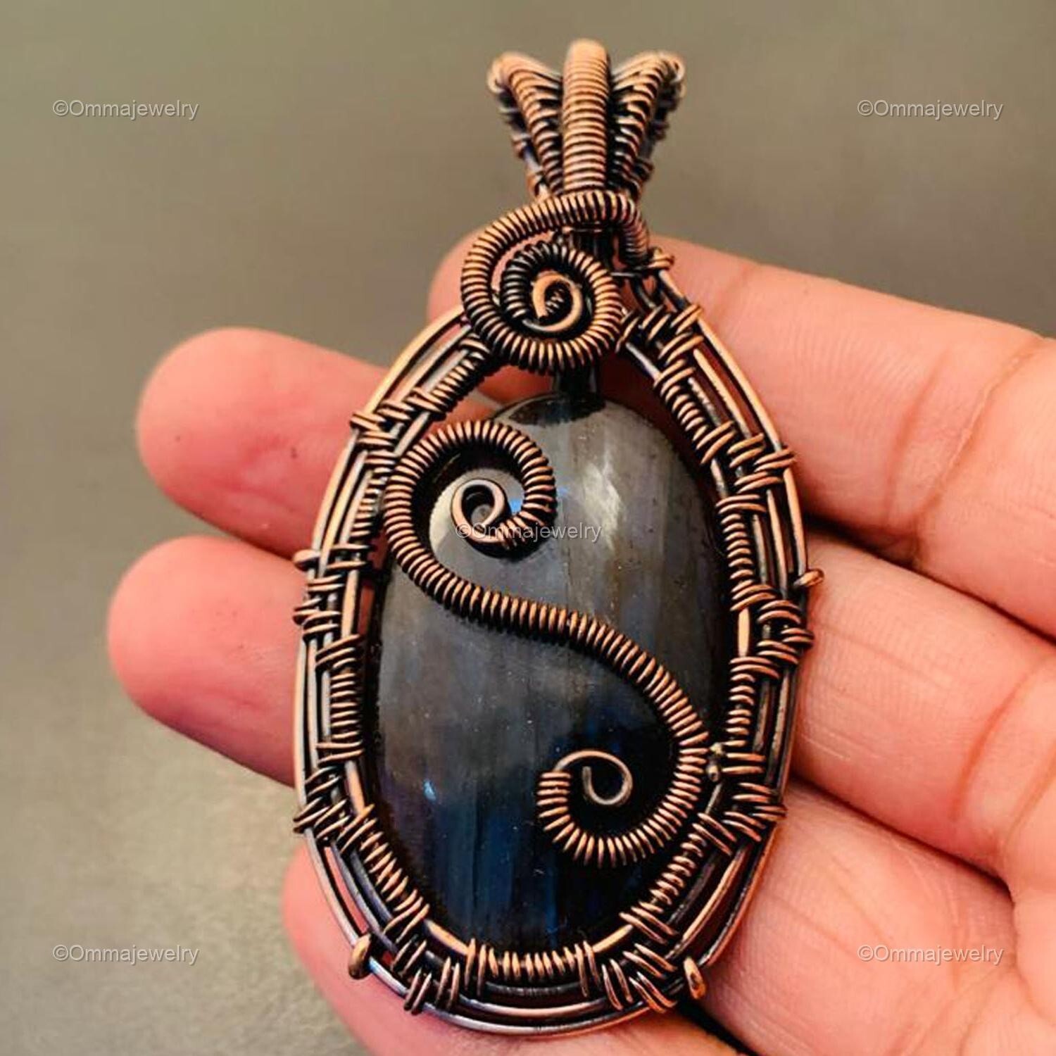 Oval Labradorite Gemstone Copper Anniversary Handmade Wire Wrap Pendant Jewelry