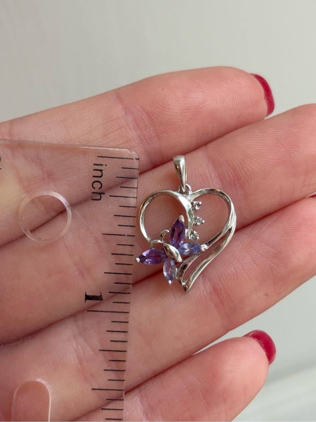 10k White Gold Diamond Tanzanite Amethyst Gemstone Butterfly Heart Pendant Charm