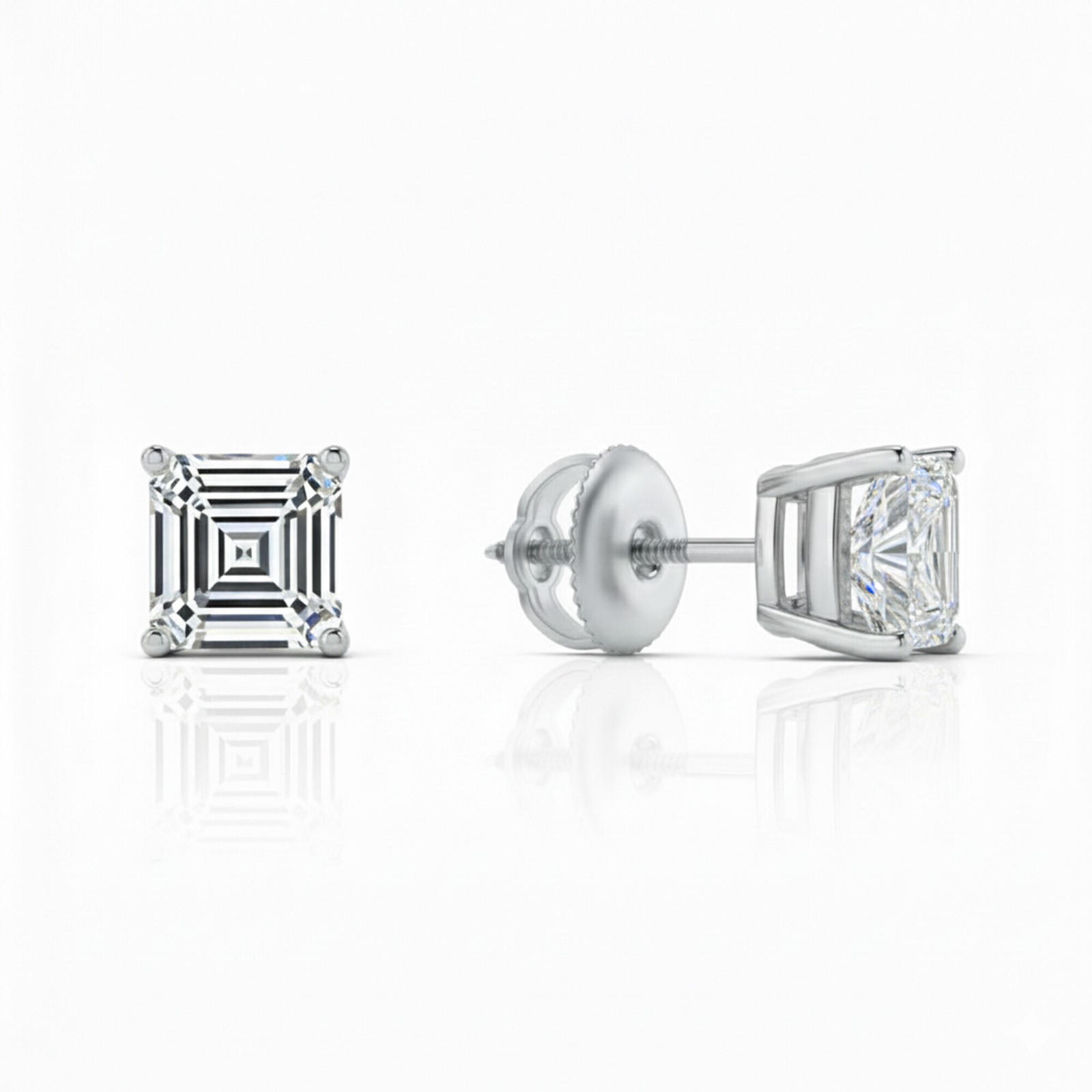 2 Ct Asscher Lab Created Moissanite Earrings 18k White Gold Vermeil Screw