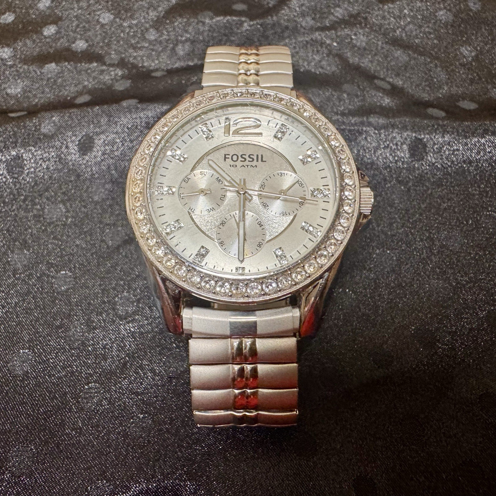 Fossil ES2344 Women’s Silver Tone Crystal Bezel Multifunction Watch Stretch Band