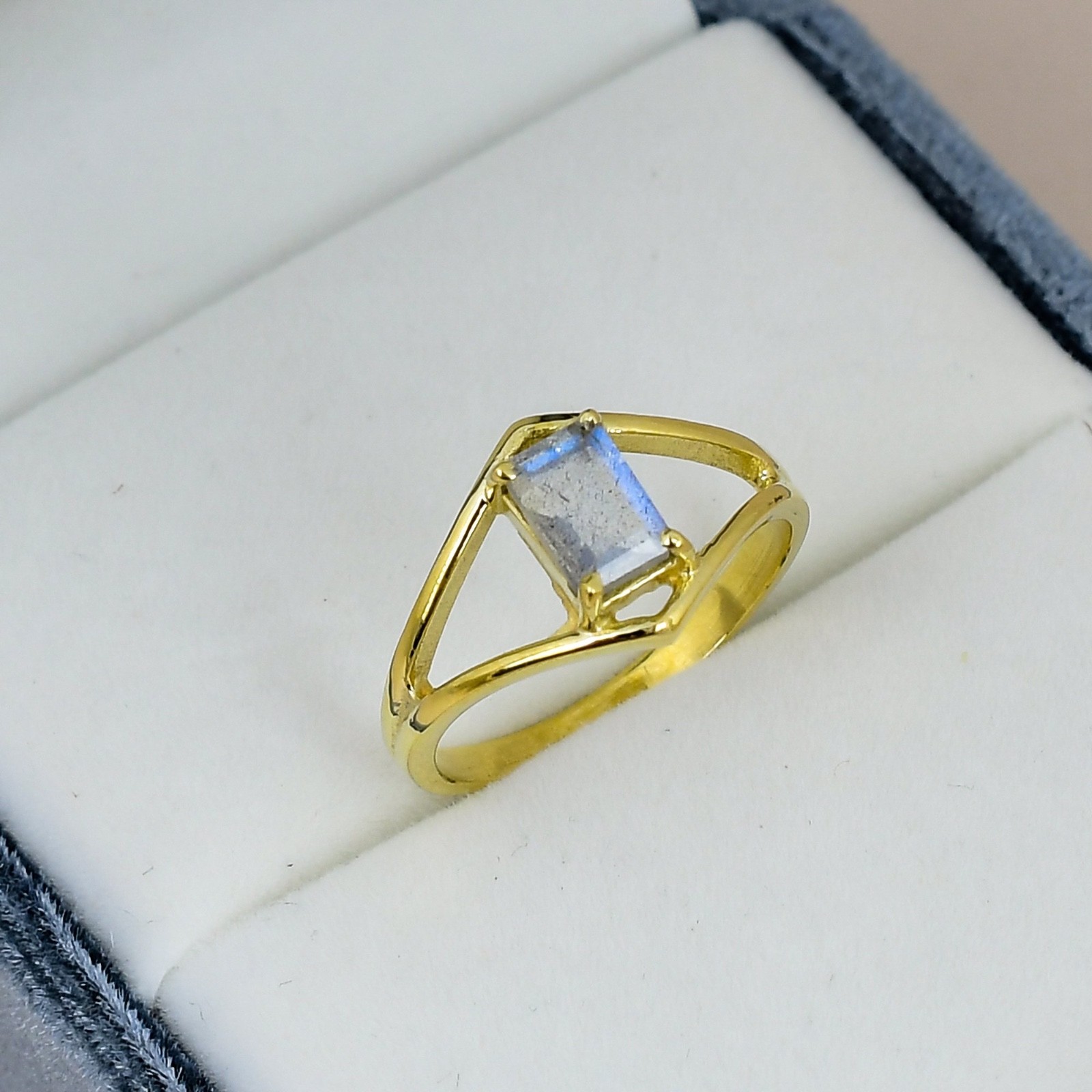 Labradorite Ring 18K Gold Plated 5x7mm Baguette Gemstone Minimalist Ring