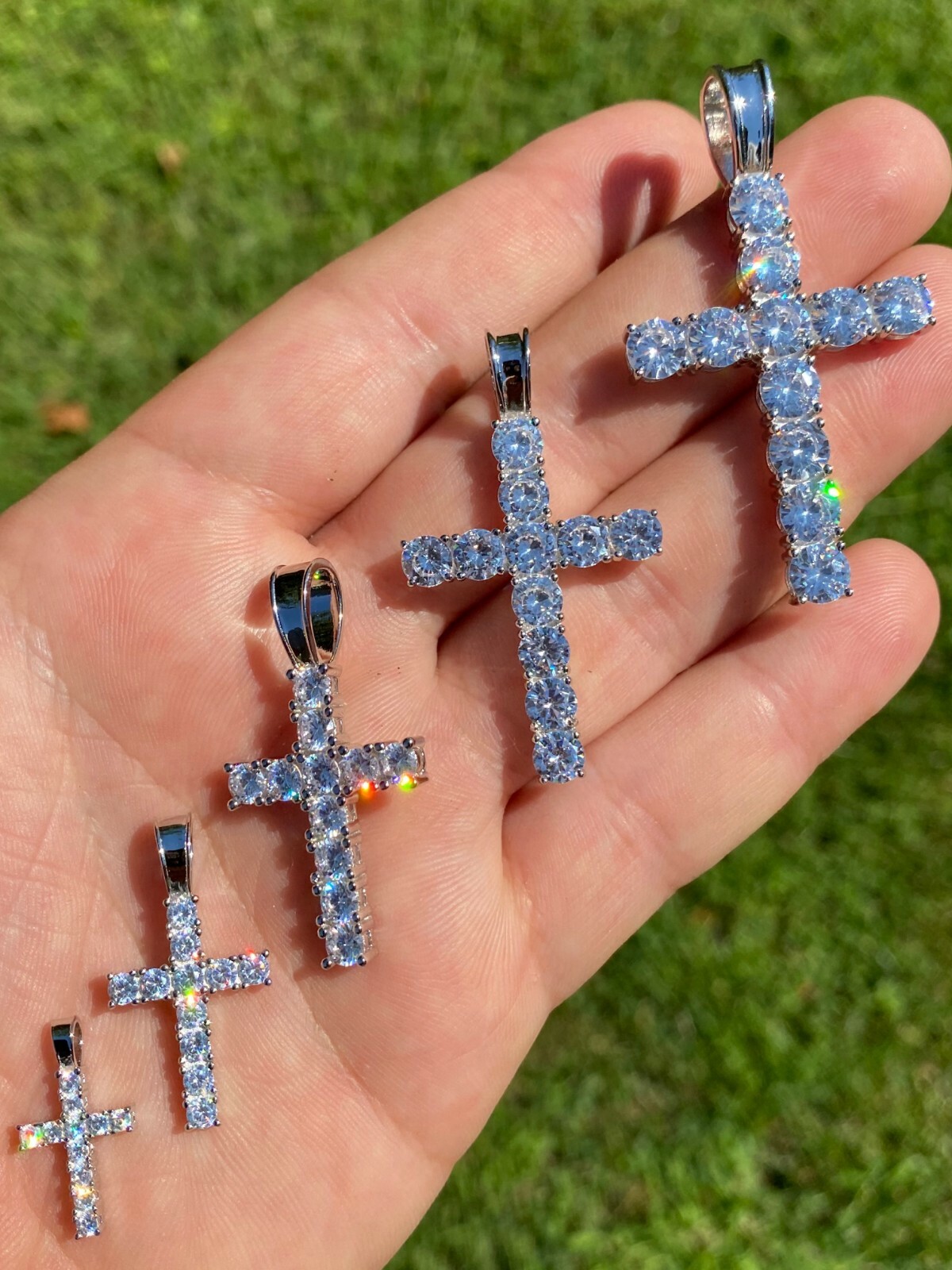 Solid 925 Sterling Silver Tennis Cross Pendant Simulated Diamonds Men’s Ladies’