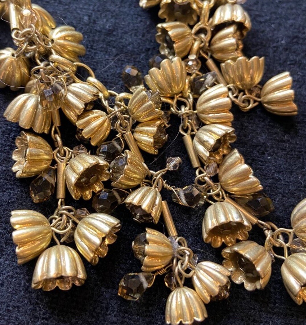 Ann Taylor Crystal Floral Drop Tiered Necklace Antique Gold Tone Flower Bells