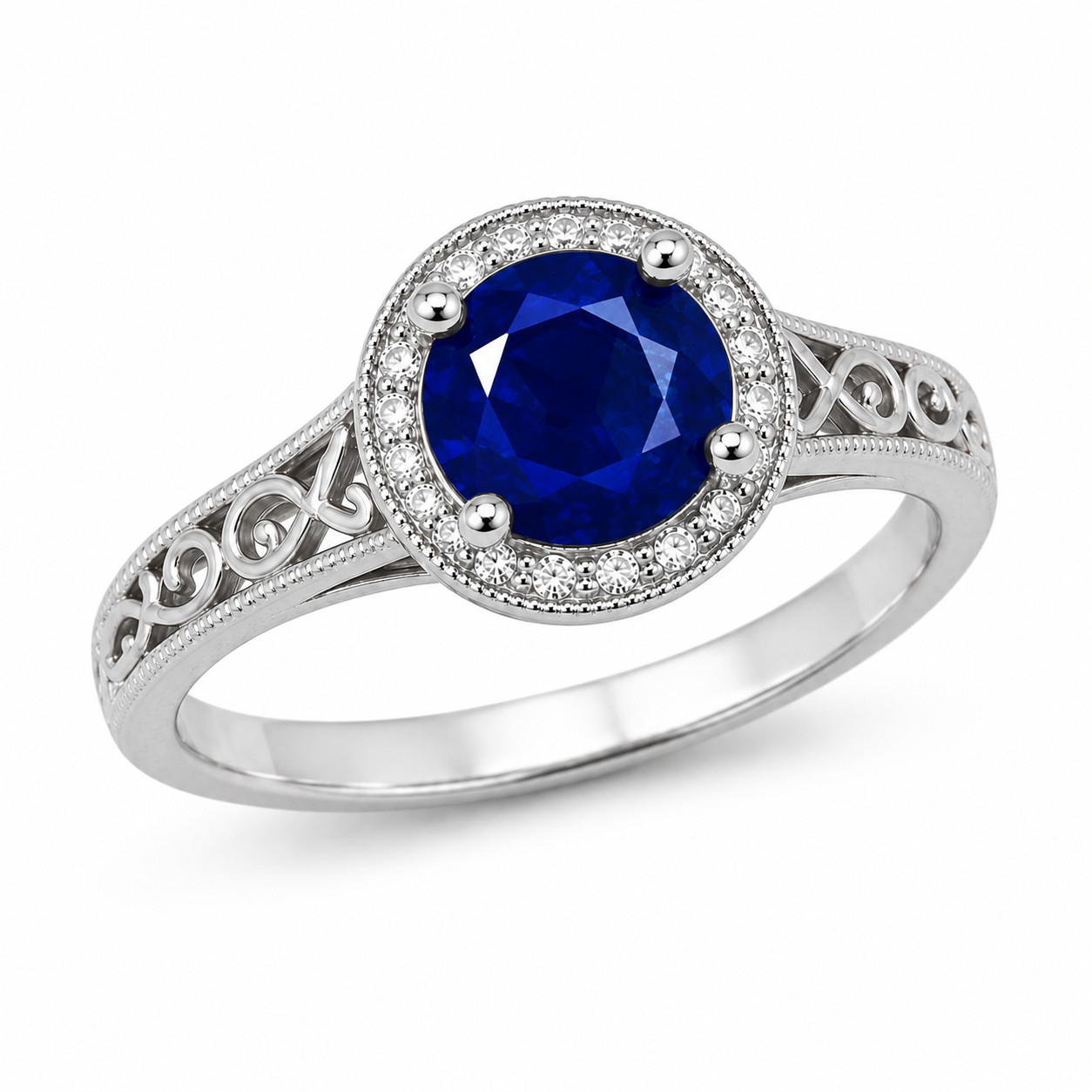 Sterling Silver 925 Blue Sapphire Round Cut 7.00mm Vintage Halo Engagement Ring