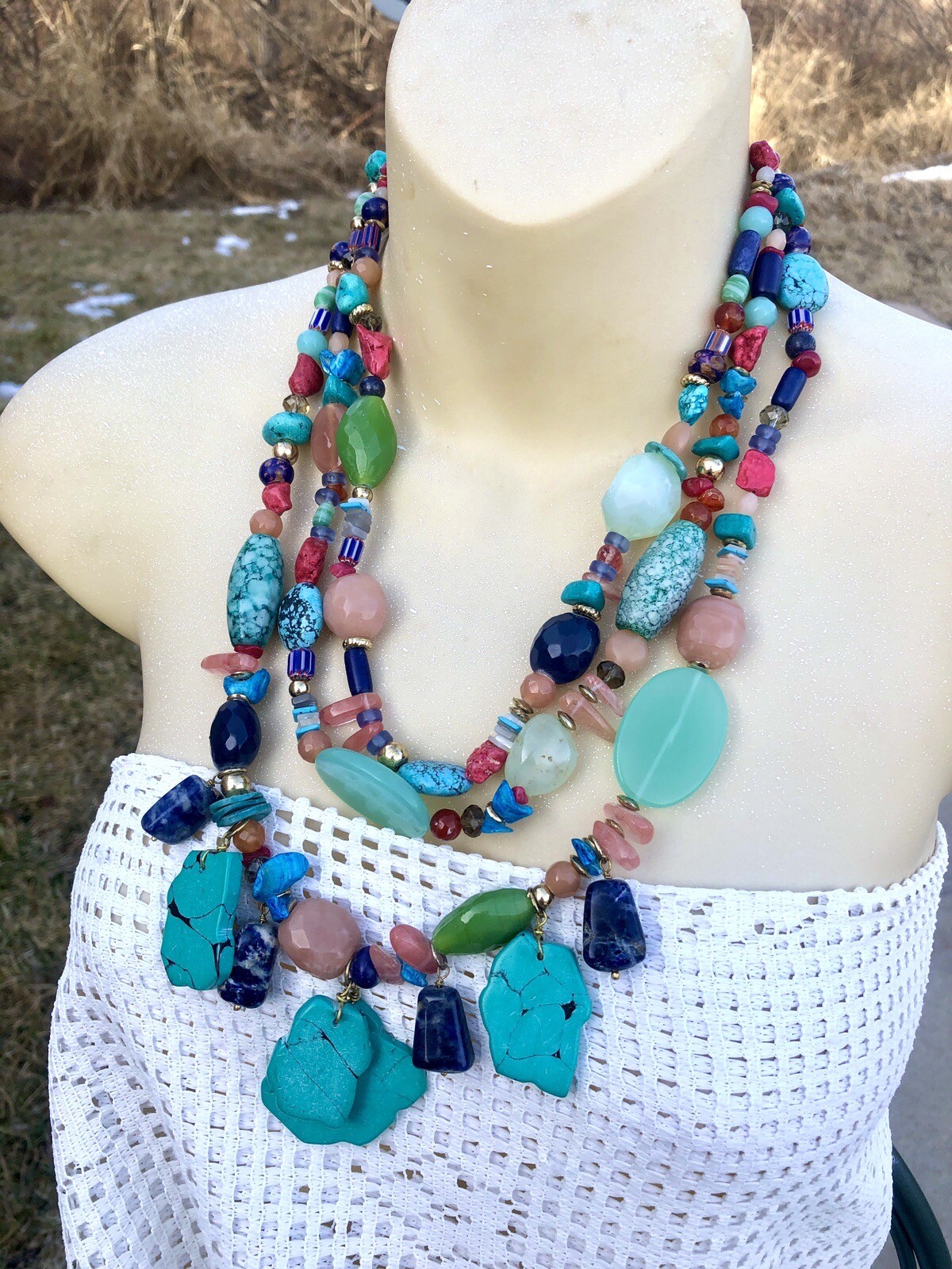 Chico’s Huge Chunky Triple Strand Semi Precious Stone Runway Statement Necklace