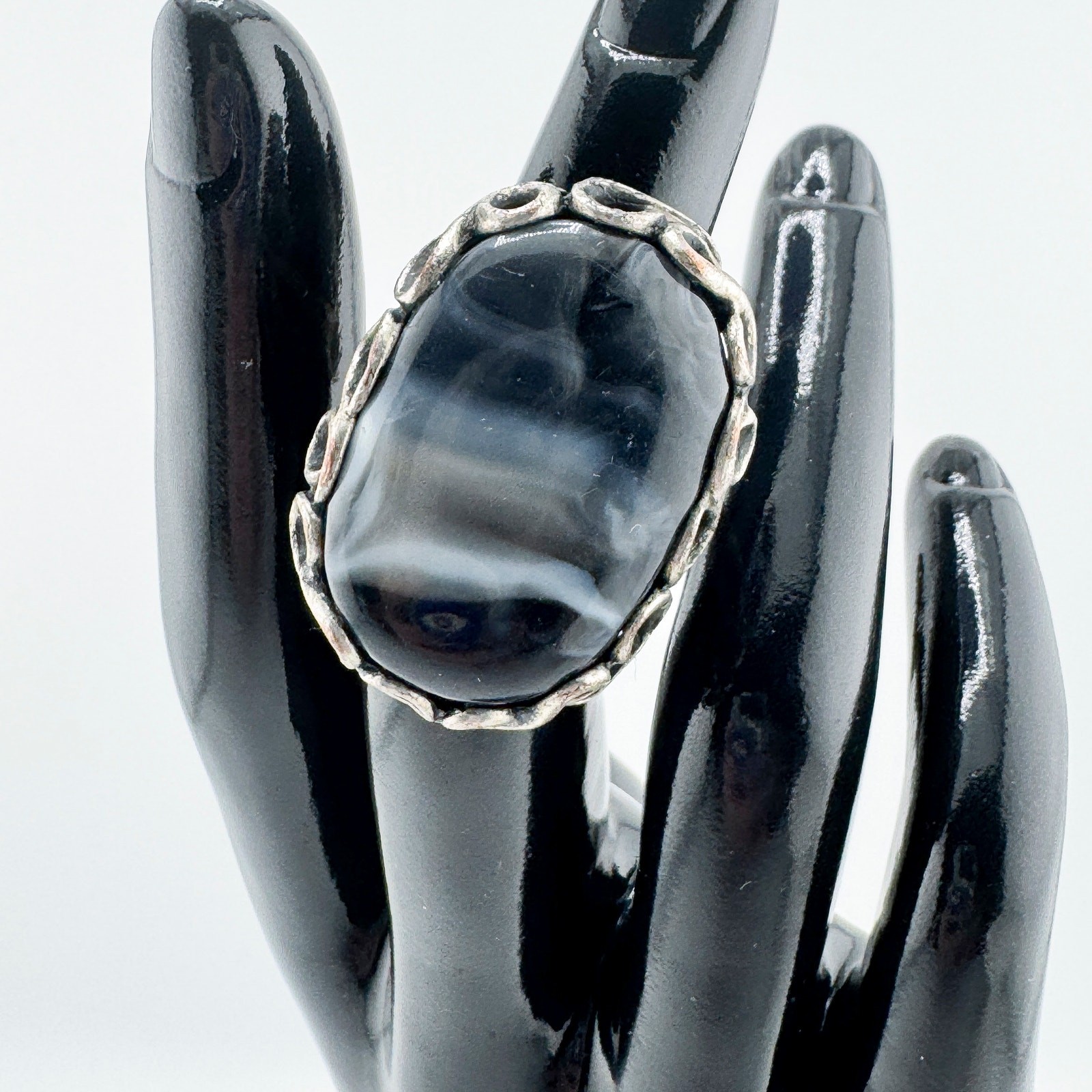 Vintage Black Gray White Agate Statement Ring Timeless Unique Southwestern