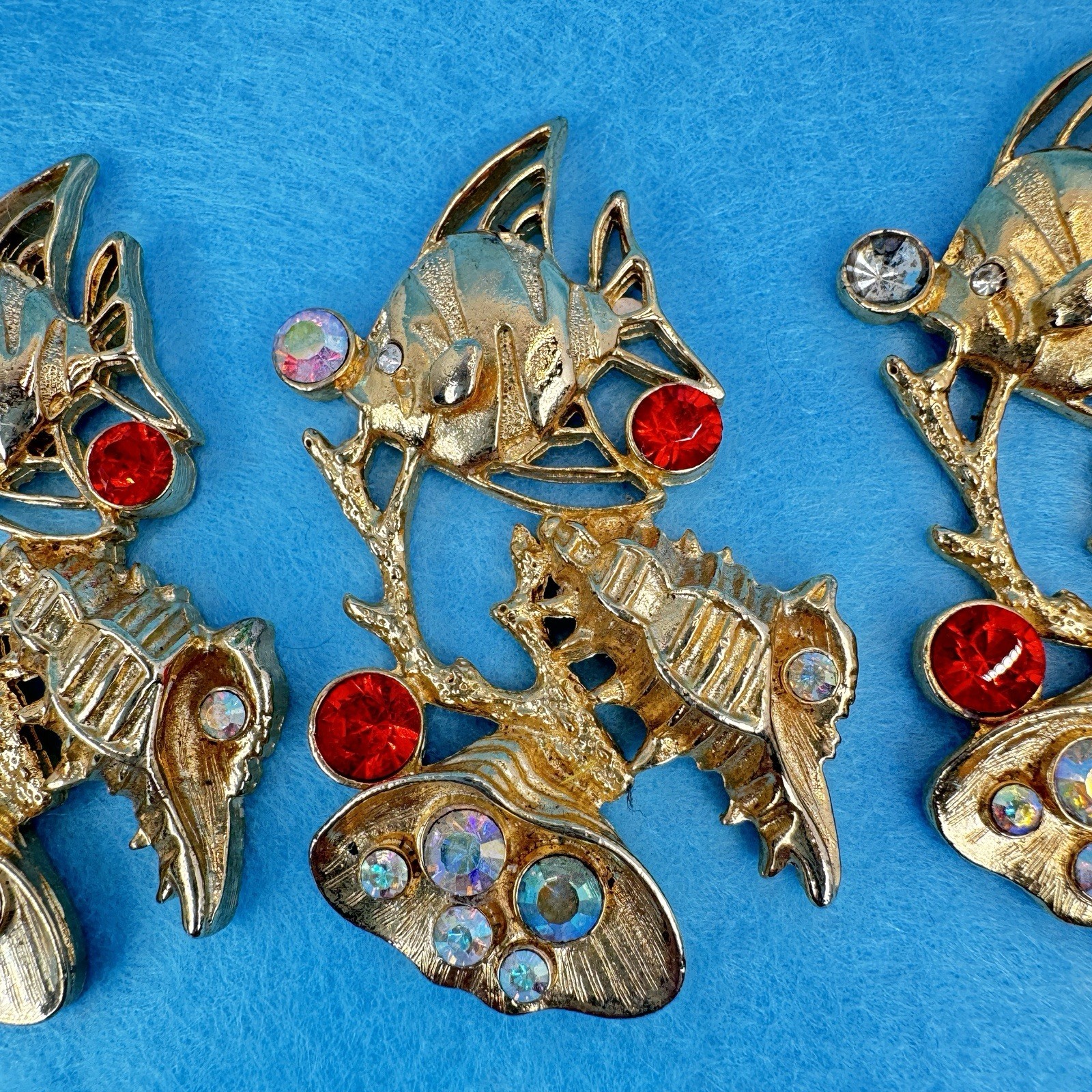 Lot Of 6 VTG Gold Tone Rhinestone Fish Shell Findings Brooch Jewelry Making