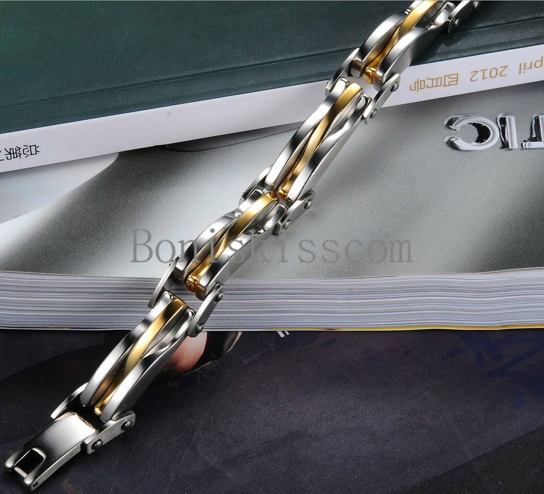 Two Tone Stainless Steel Men’s Link Bracelet 8.66 Inch Length Silver Gold Color