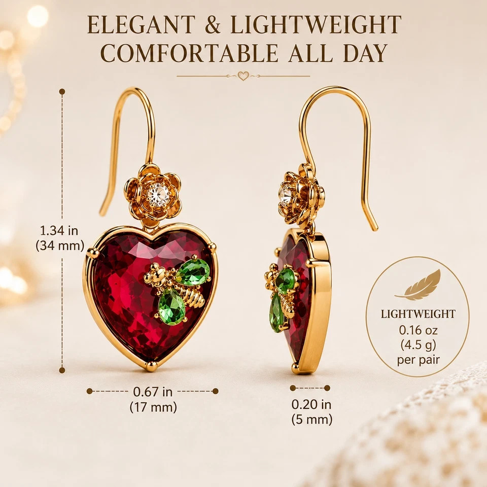 Women’s Red Crystal Heart Dangle Earrings Gold Tone Bee Floral Hook Jewelry
