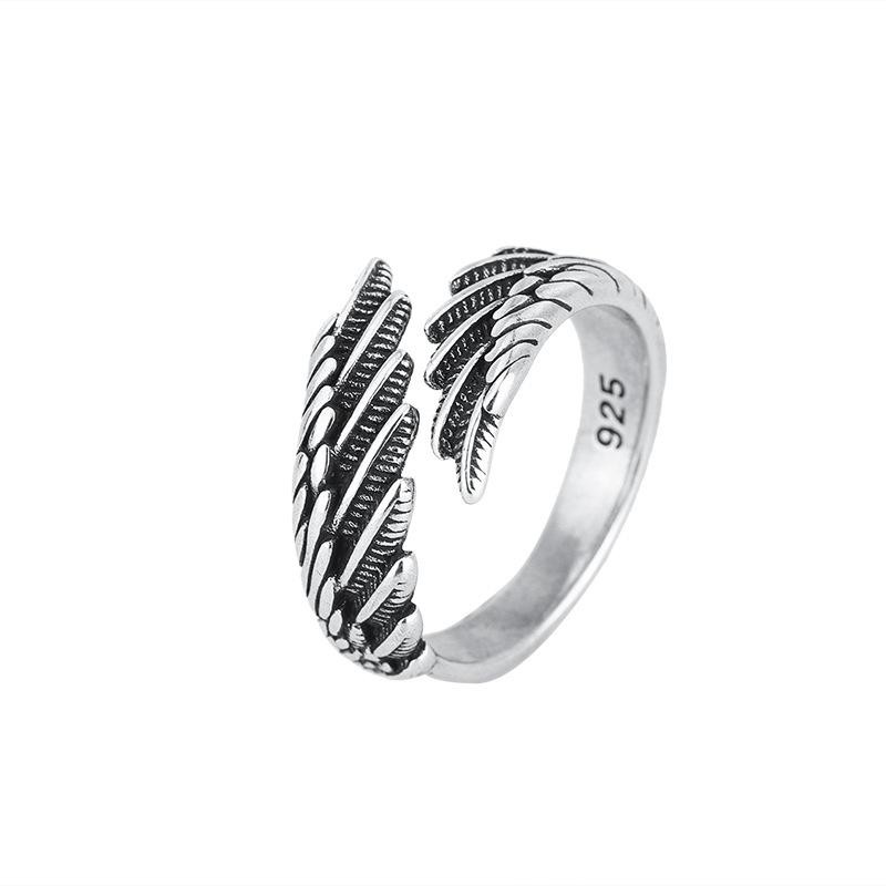 925 Sterling Silver Angel Wing Feather Adjustable Ring Luxury Wedding Jewelry