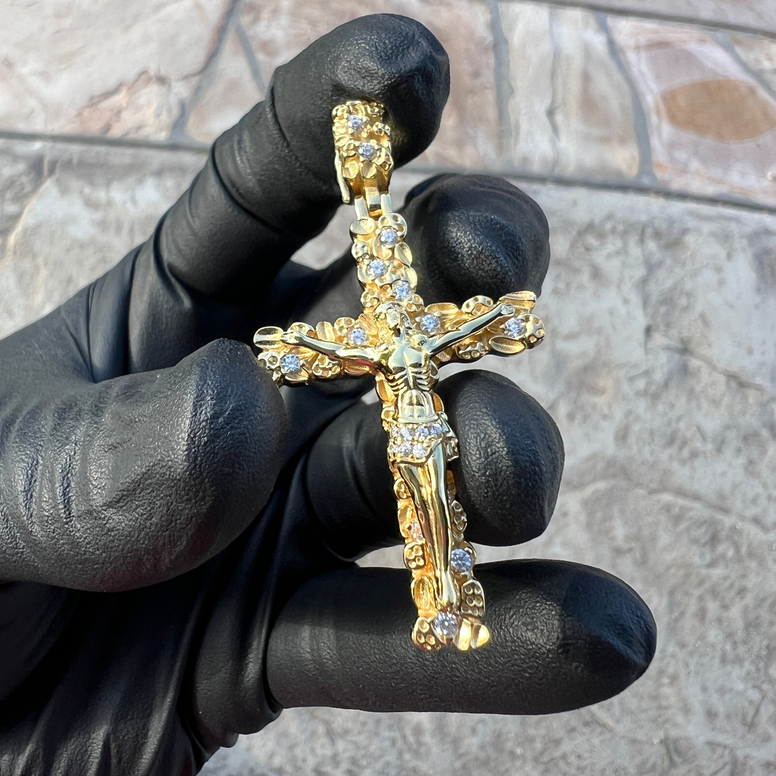 14K Gold Plated 925 Sterling Silver Nugget Jesus Crucifix Cross CZ Iced Pendant