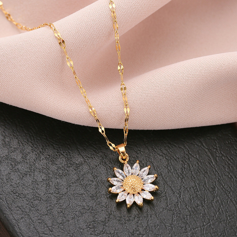 14K Gold Stainless Steel Sunflower CZ Pendant Necklace 16-18″ Chain Women AG