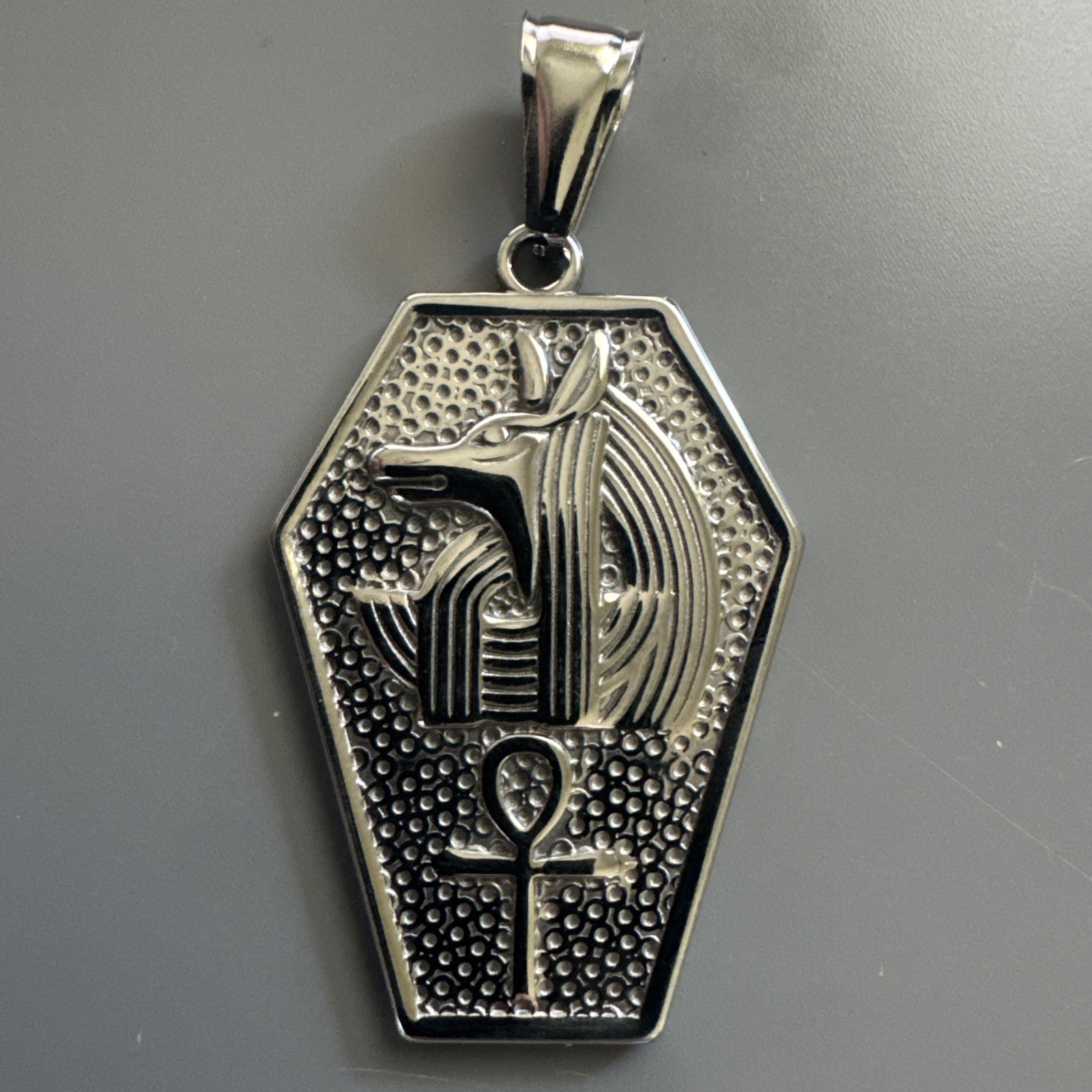 Ancient Egyptian Mythology Sarcophagus Pendant Stainless Steel 24” Chain Ankh