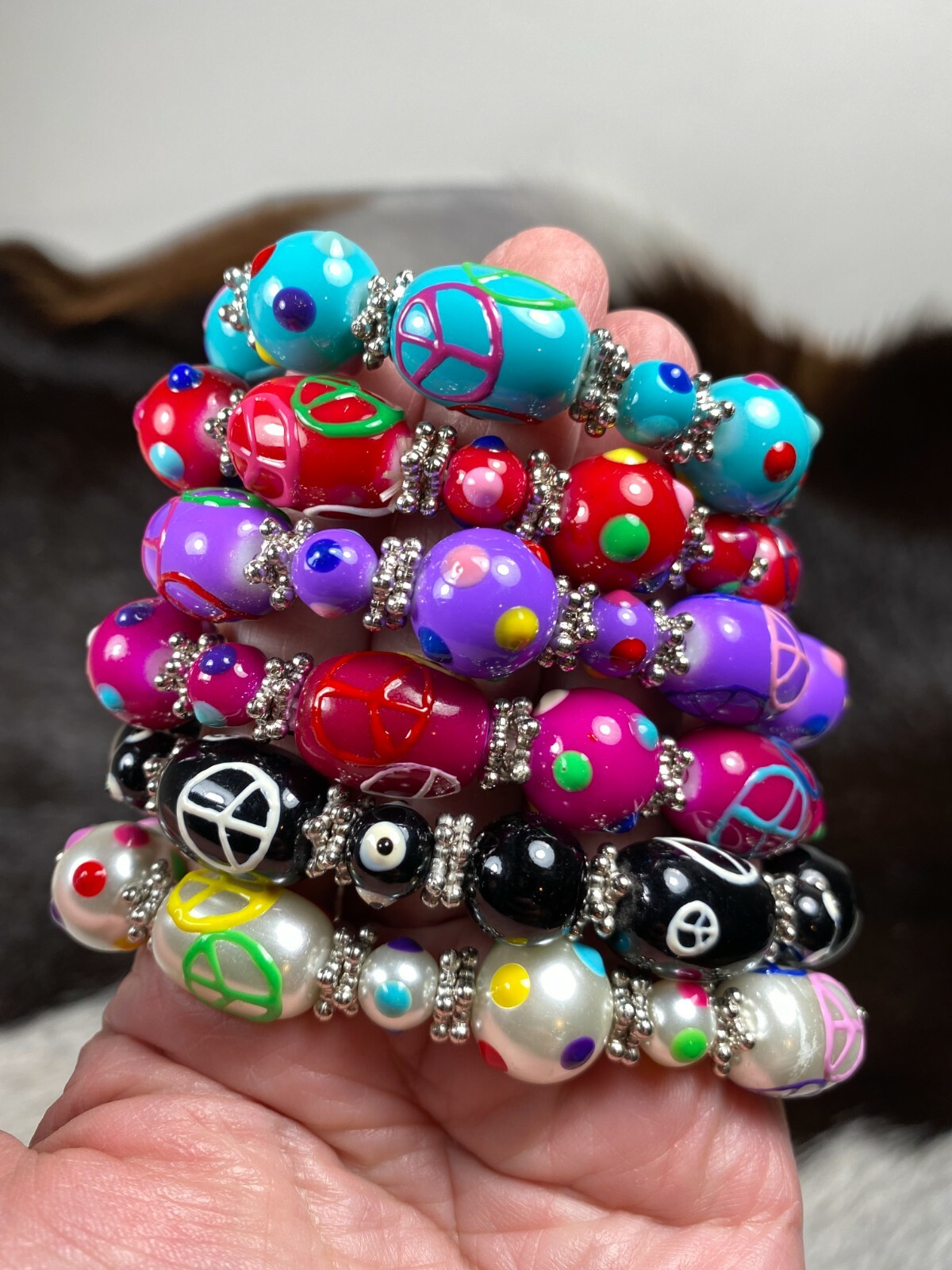 Peace Jewelry Wholesale Lot 6 Glass Beaded Stretch Bracelet Colorful Peace