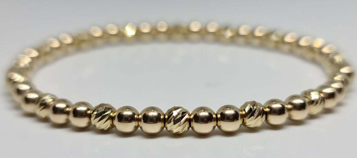 14K Solid Yellow Gold Bar Cut Faceted /Smooth Round 4mm Stretch Unisex Bracelet