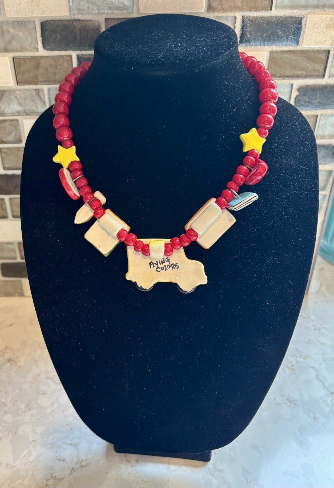 Vintage Flying Colors Ceramic School Bus Teacher Necklace Dick Jane 1980s