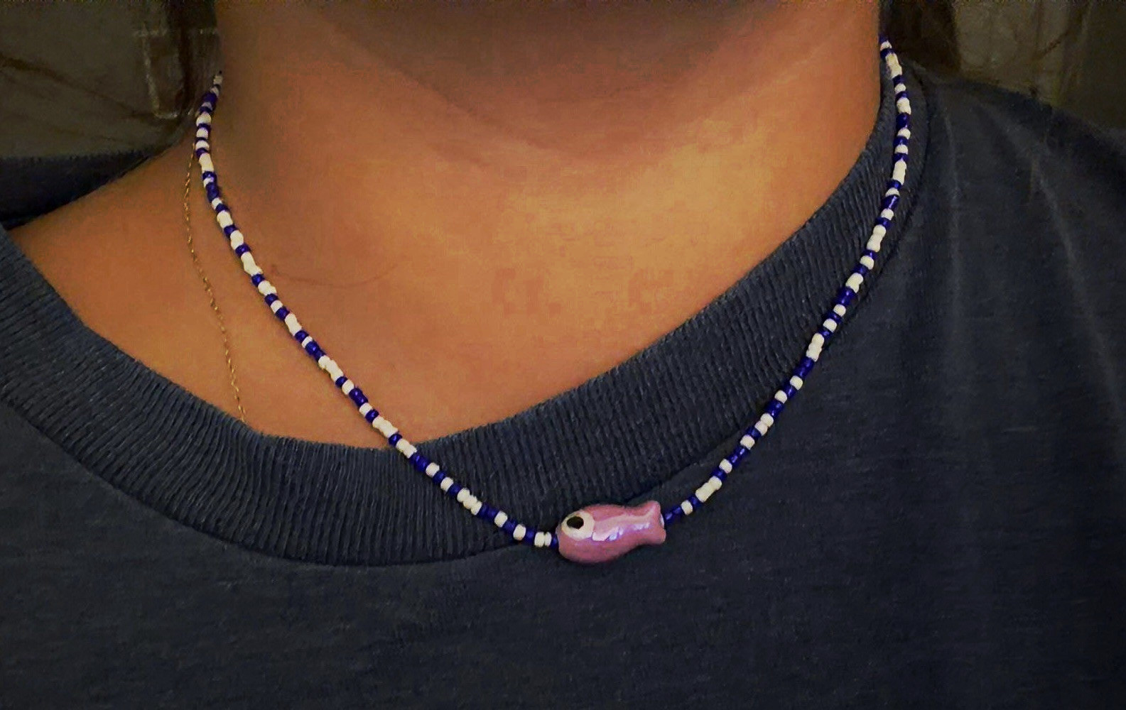 Blue & White handmade Beaded Necklace with purple fish charm