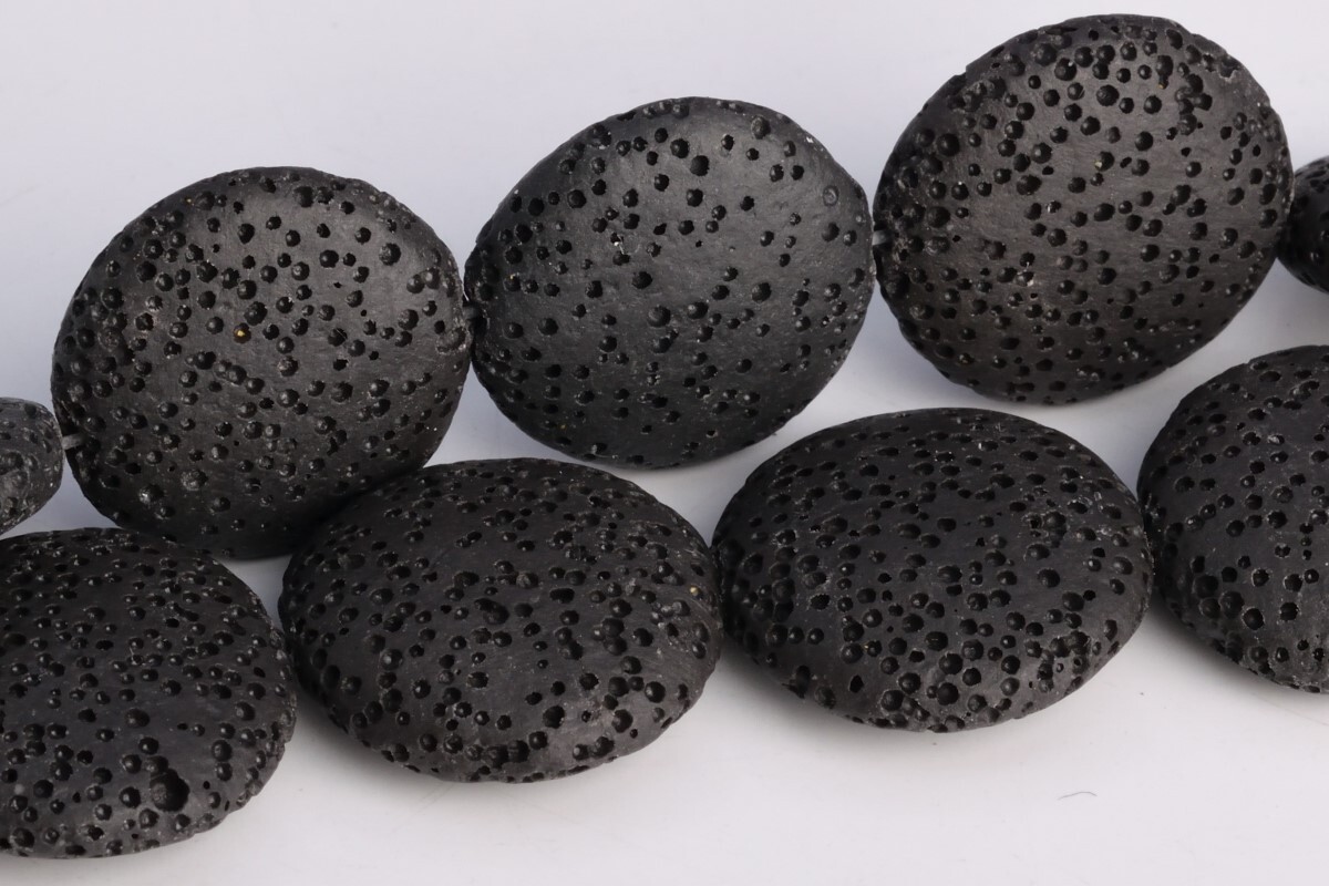 21x7MM Black Volcanic Lava Flat Round Button Grade AAA Natural Loose Beads