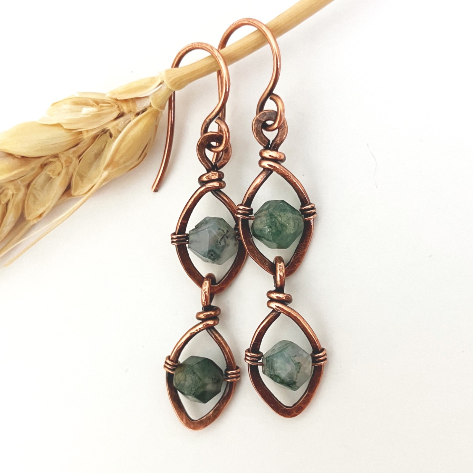 Rough Stone Bohemian Dangle Earrings Leaf Wire Wrapped Nature Jewelry Handmade