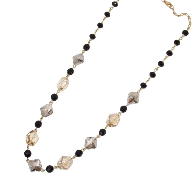 Multi color glass bead link necklace in beige, gray and black glass colors New