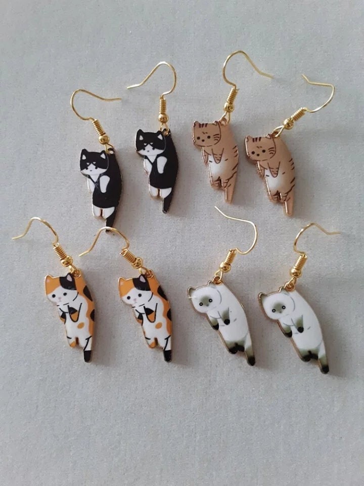 Hanging Cat Earrings tan black white orange kitty tabby calico tan