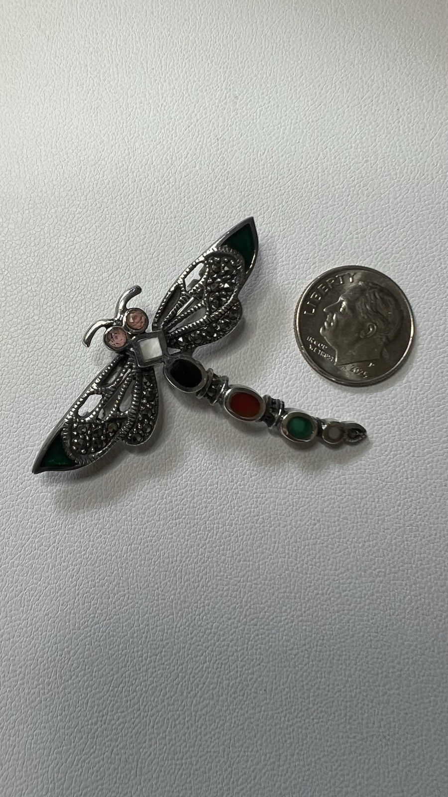 925 Silver Dragonfly Brooch Pin Enamel and Natural Stones Marcasite, 2.5 in