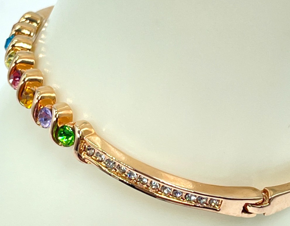 Bracelet Rose Gold Tone Hooked Bangle w/Multicolor Crystals 7″