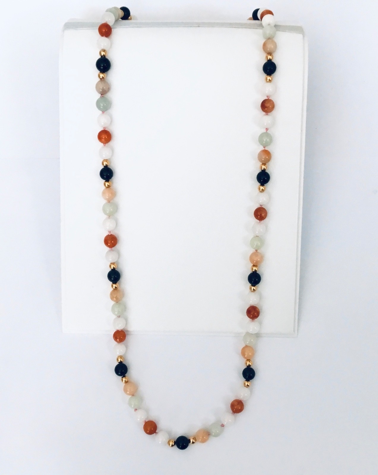 Multicolor Jade W / Solid 14K Gold Balls Hand Knotted 30 in Necklace NEW