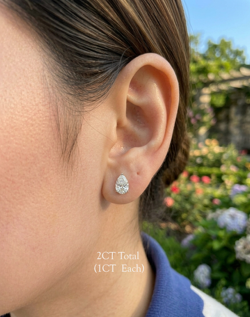 1CT – 2CT Lab Grown Diamond Pear Studs Earring 14K Gold – Pushback