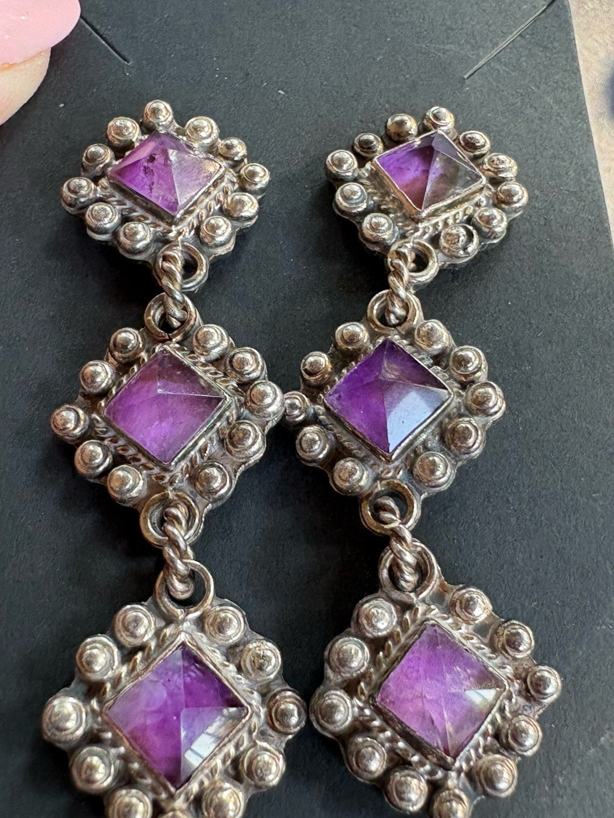 Vintage Pyramid Amethyst Sterling 2.75” Earrings 32g signed NM 925 Mexico RARE