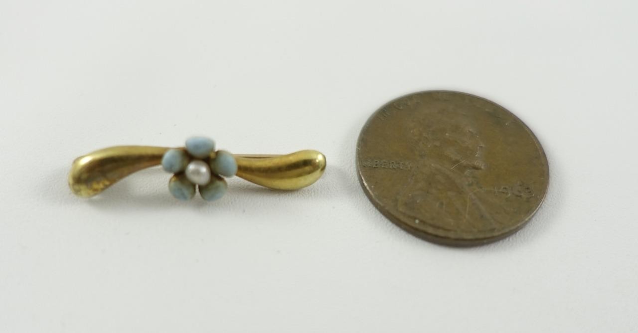 10K yellow gold ladies vtg antique 1″ bar pin w/ pearl 1.1g