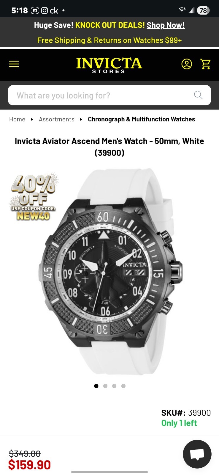 Invicta Aviator Ascend 39900 50mm Chronograph White Strap Watch w/ Box