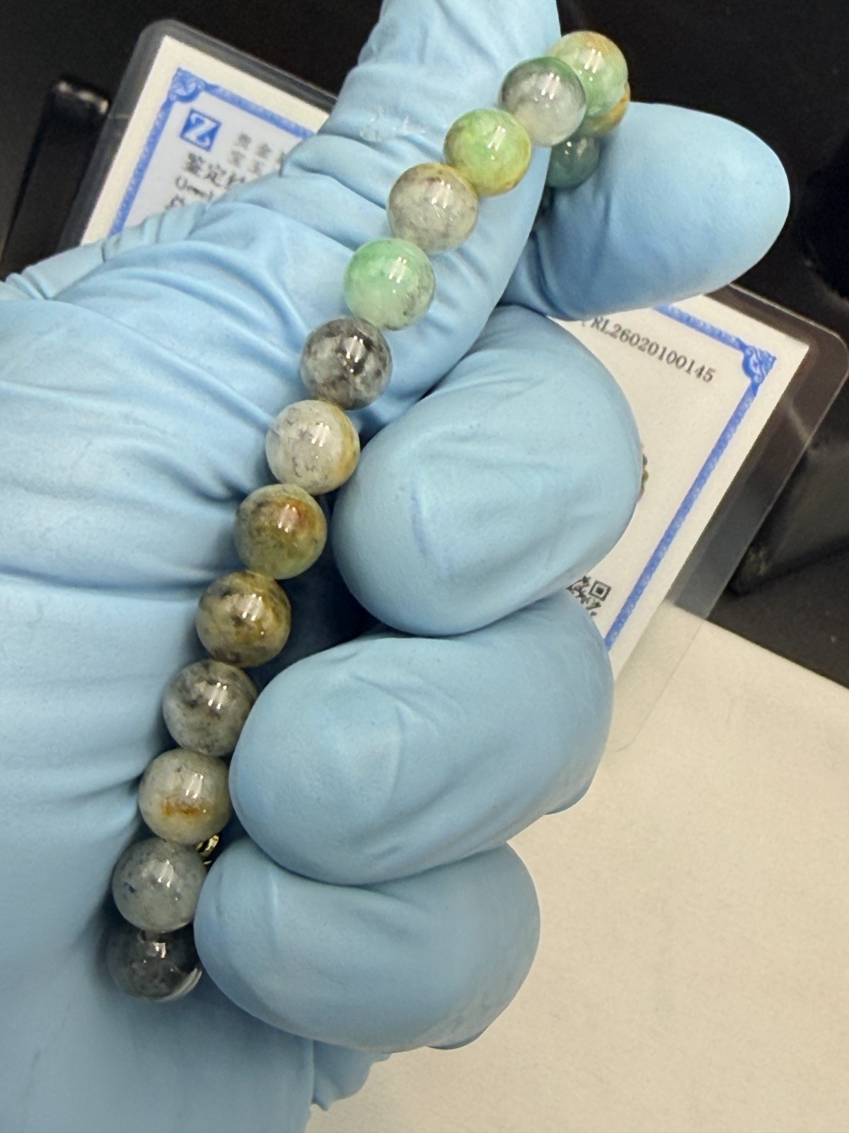Certified Natural Grade A Jadeite Jade Beaded Bracelet Green Yellow 7.5mm 100145