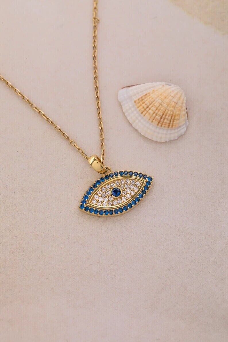 1.90Ct Round Simulated Sapphire Evil Eye Fancy Pendant In 14K Yellow Gold Plated