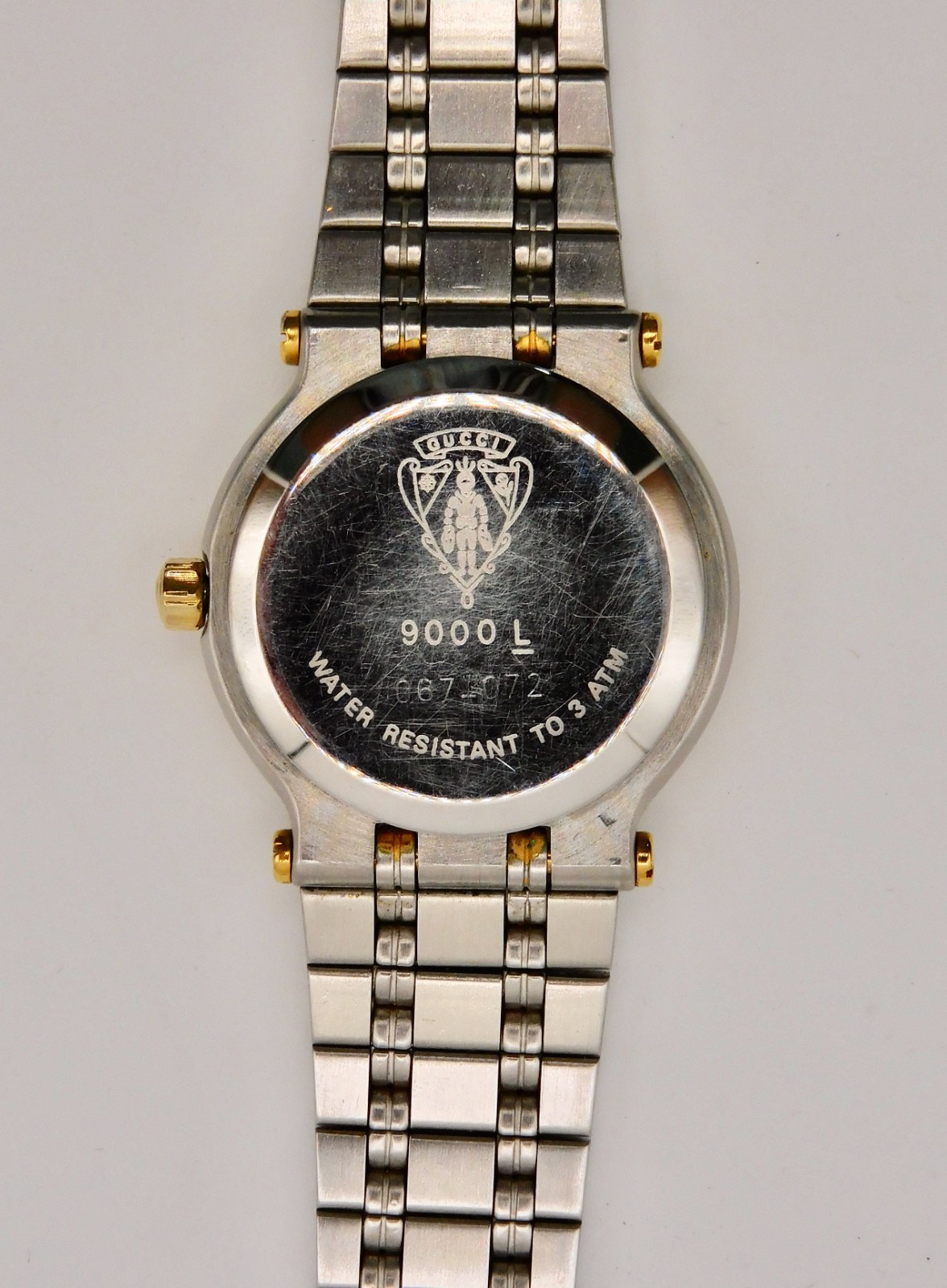 GUCCI 9000L Black Dial Two Tone Quartz Date Ladies Watch Gold