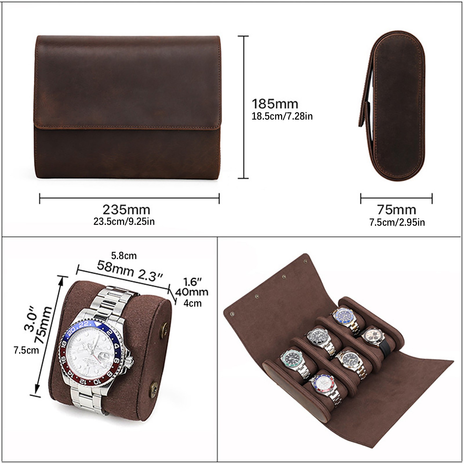 6-Slot Watch Roll Storage Box Genuine Leather Jewellry Display Travel Case NEW