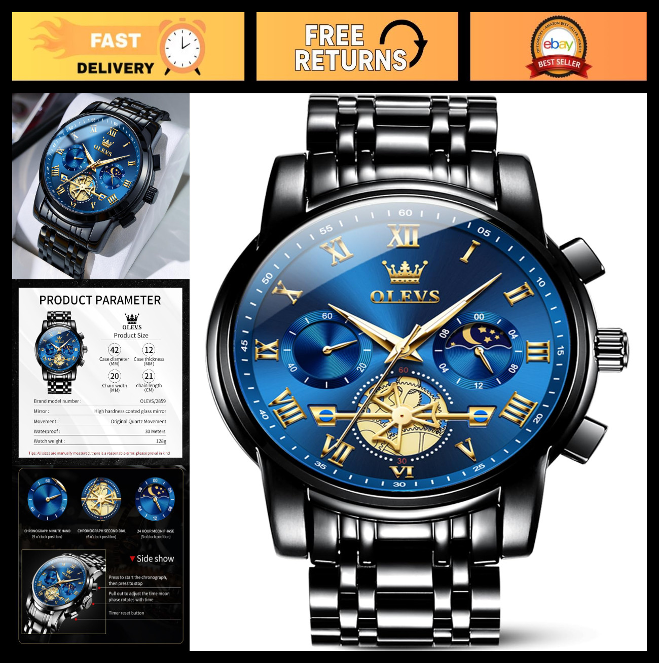 Luxury Waterproof Big Face Stainless Steel Multifunction Men’s Watch – Stylish &