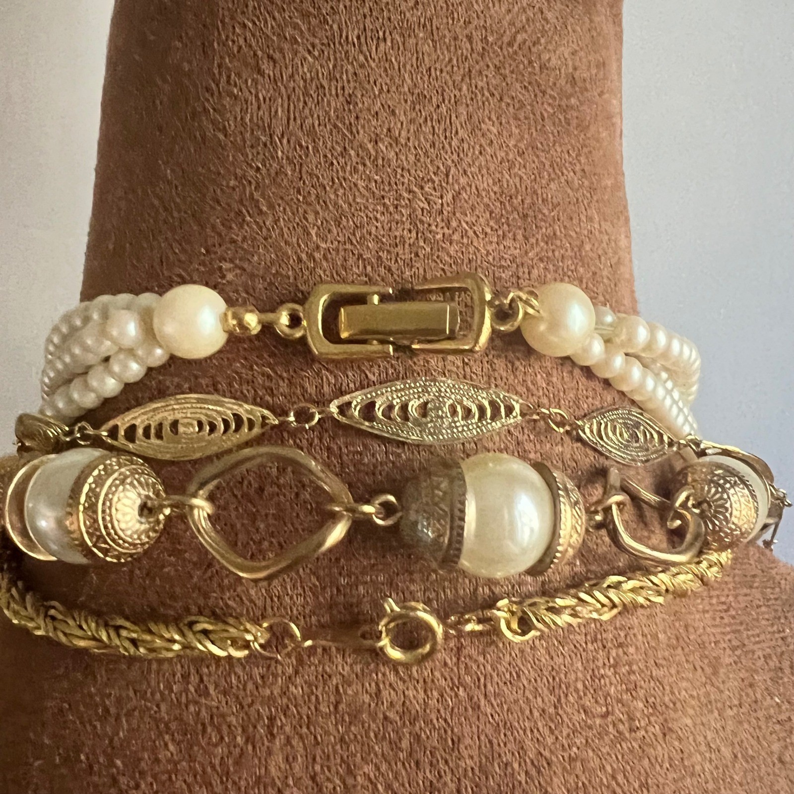 Vintage Multi Strand Faux Pearl Gold Tone Layered Necklace 18-40in Set of 4