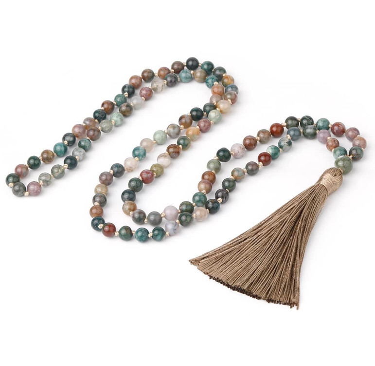 Agate Natural Stone 108 Beaded Mala Necklace with Gold Tassel – 21″ *NEW*