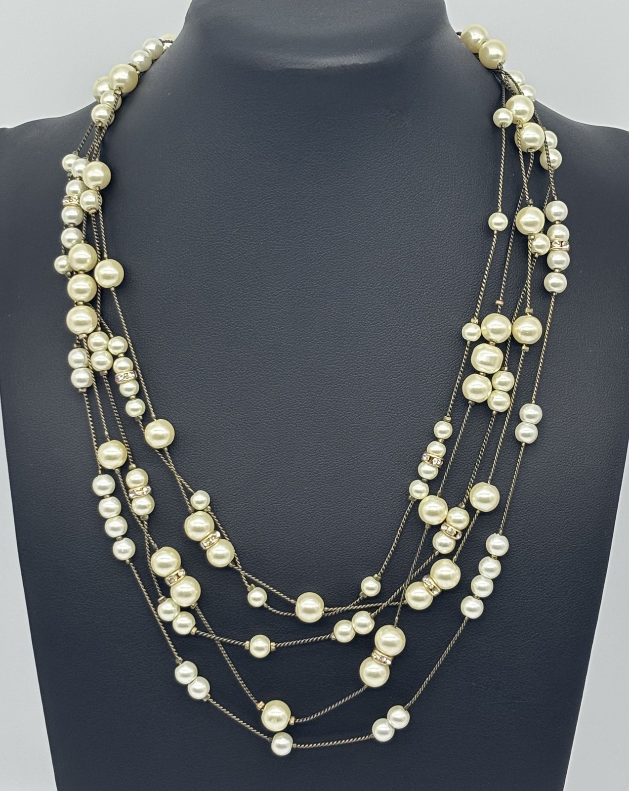 Coldwater Creek Multi-Strand Necklace Faux Pearls With Pave Set Rhinestone Beads