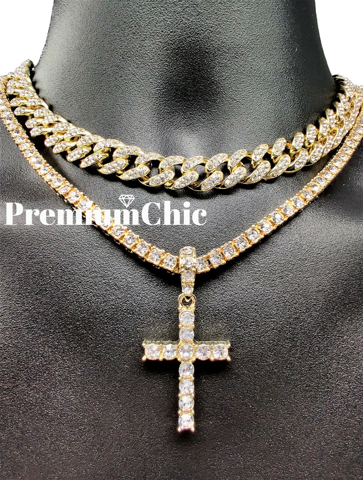3pc SET Miami Cuban Choker Necklace Cross Pendant Tennis Chain Plated CZ Jewelry