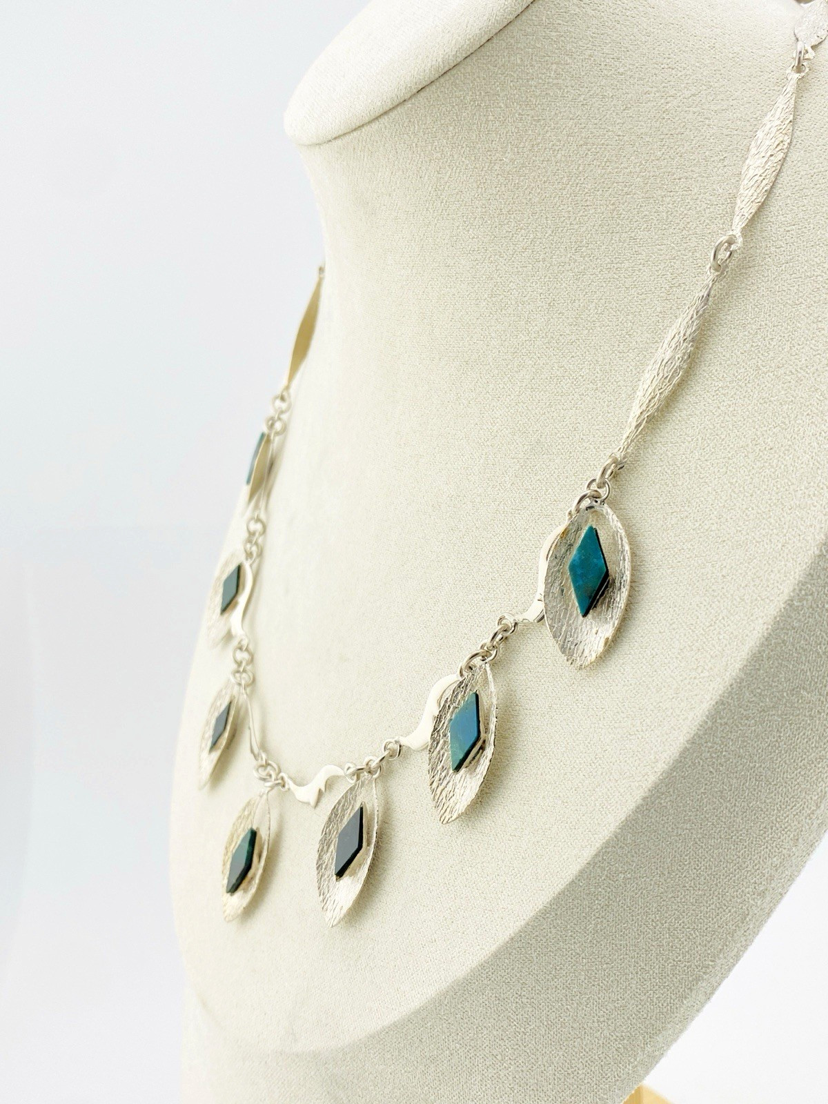 Modernist Sterling Silver Malachite Necklace Artisan Studio Jewelry 17 In