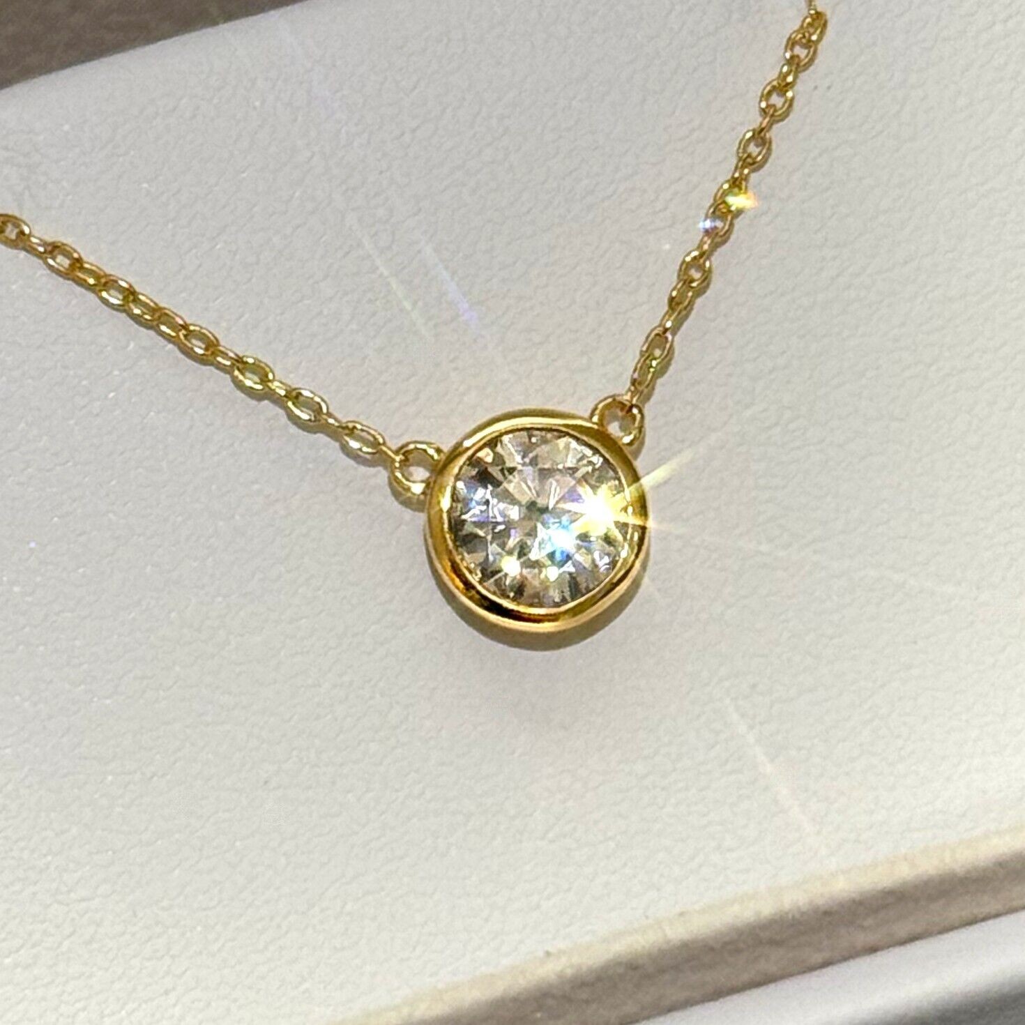 Bezel Set Moissanite Round Solitaire Necklace – 925 Silver or 14k Gold