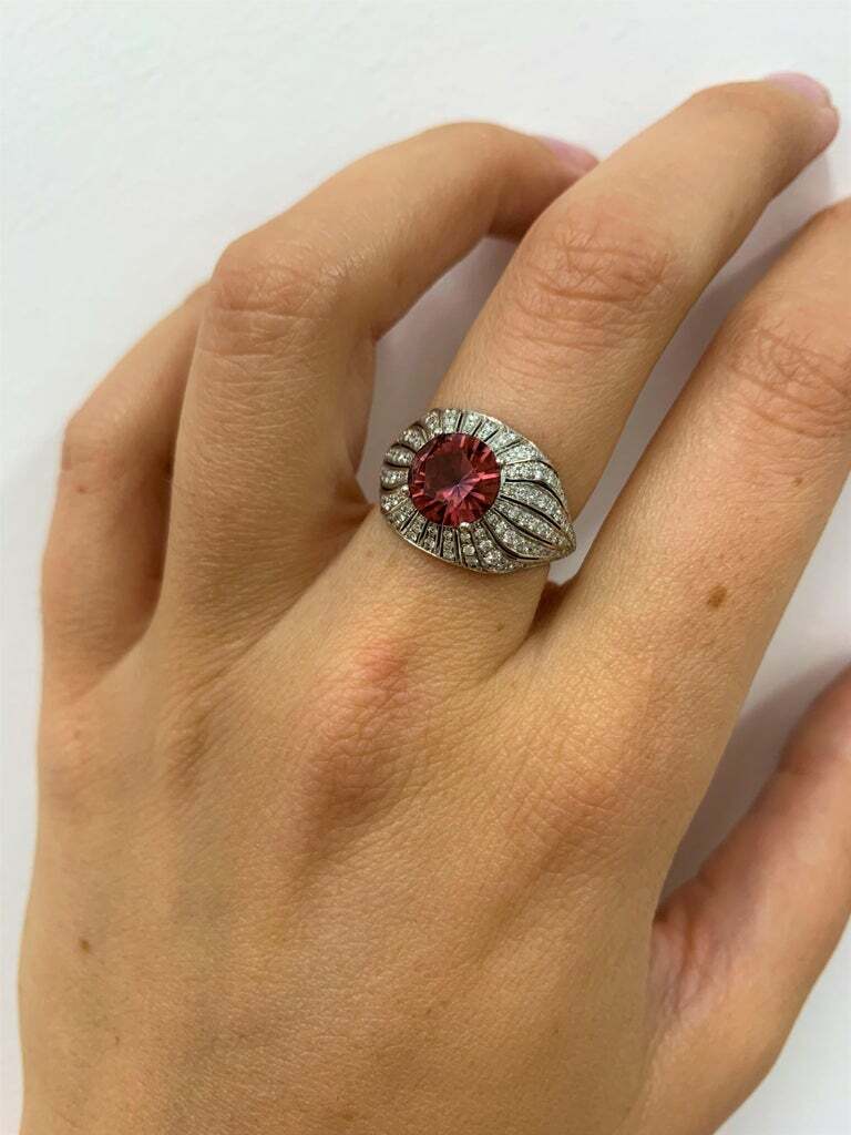 Art Deco-Inspired Setting 1.36CT Red Tourmaline & Old Shiny CZ Women’s Dome Ring