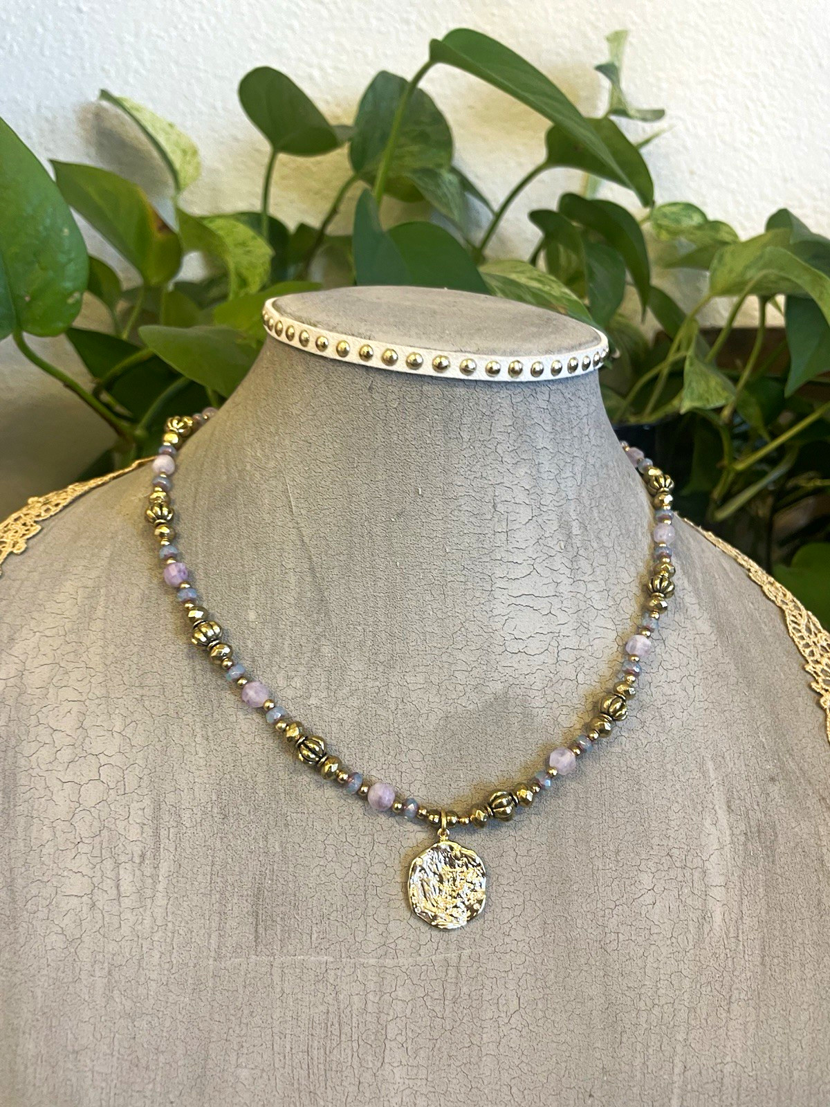 Lavender Quartz Beaded Necklace w/ Gold Tone Round Charm and Czech Glass Beads