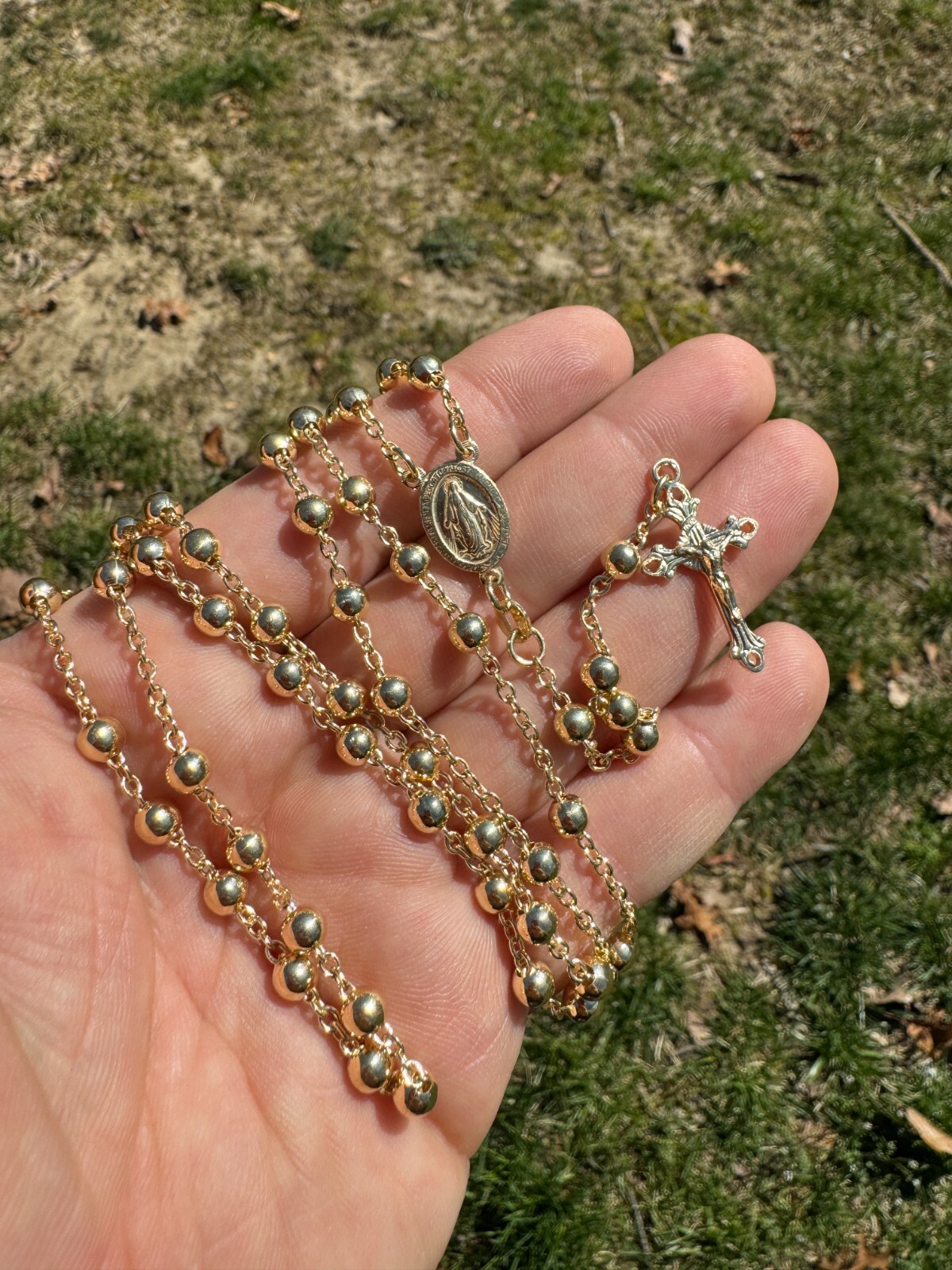 Men’s 30″ Long Rosary Beads Necklace 14k Gold Over 925 Silver Rosario ITALY 5mm