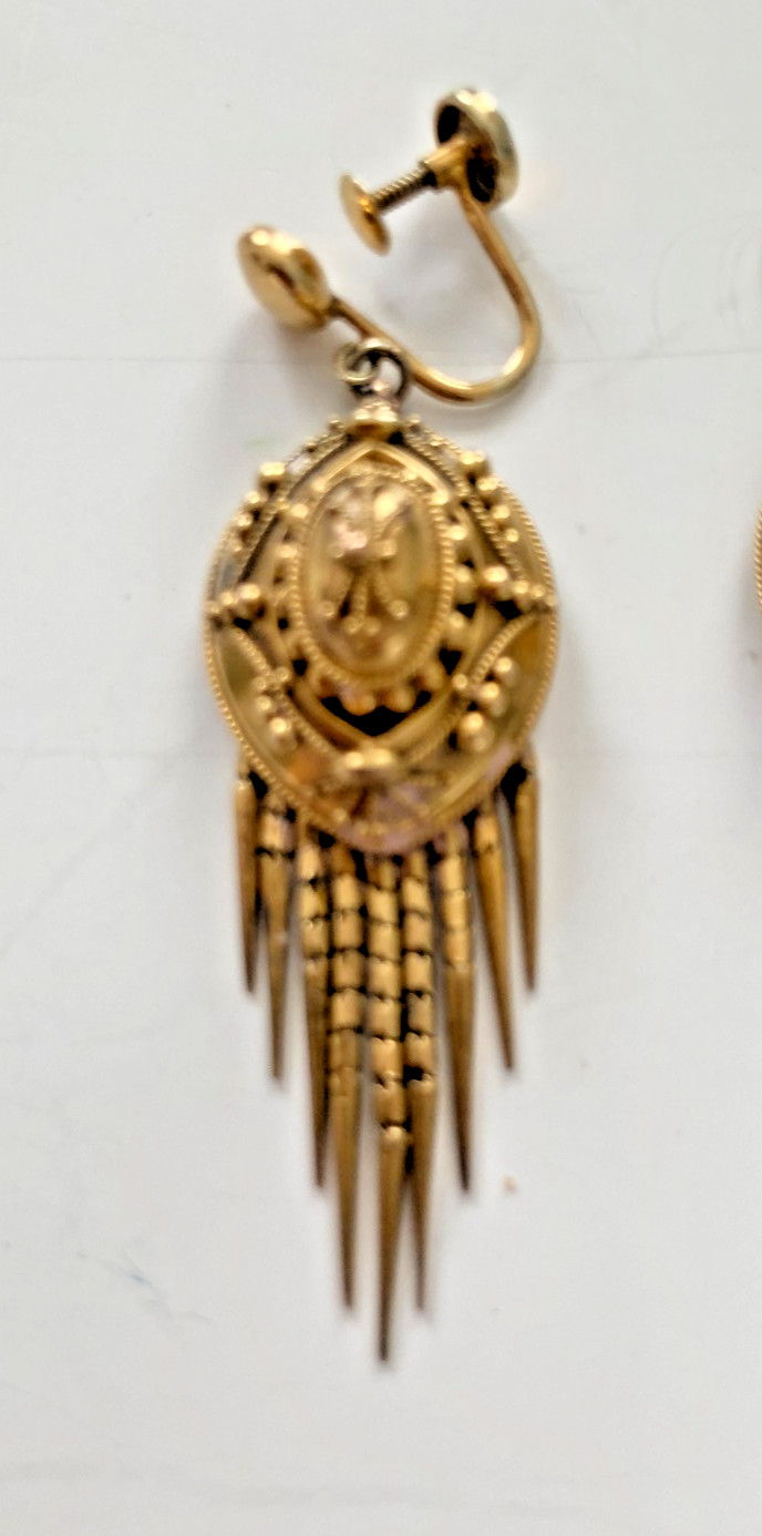 Antique 18k Gold Etruscan Tassel Screw Back Earrings Mint BIN