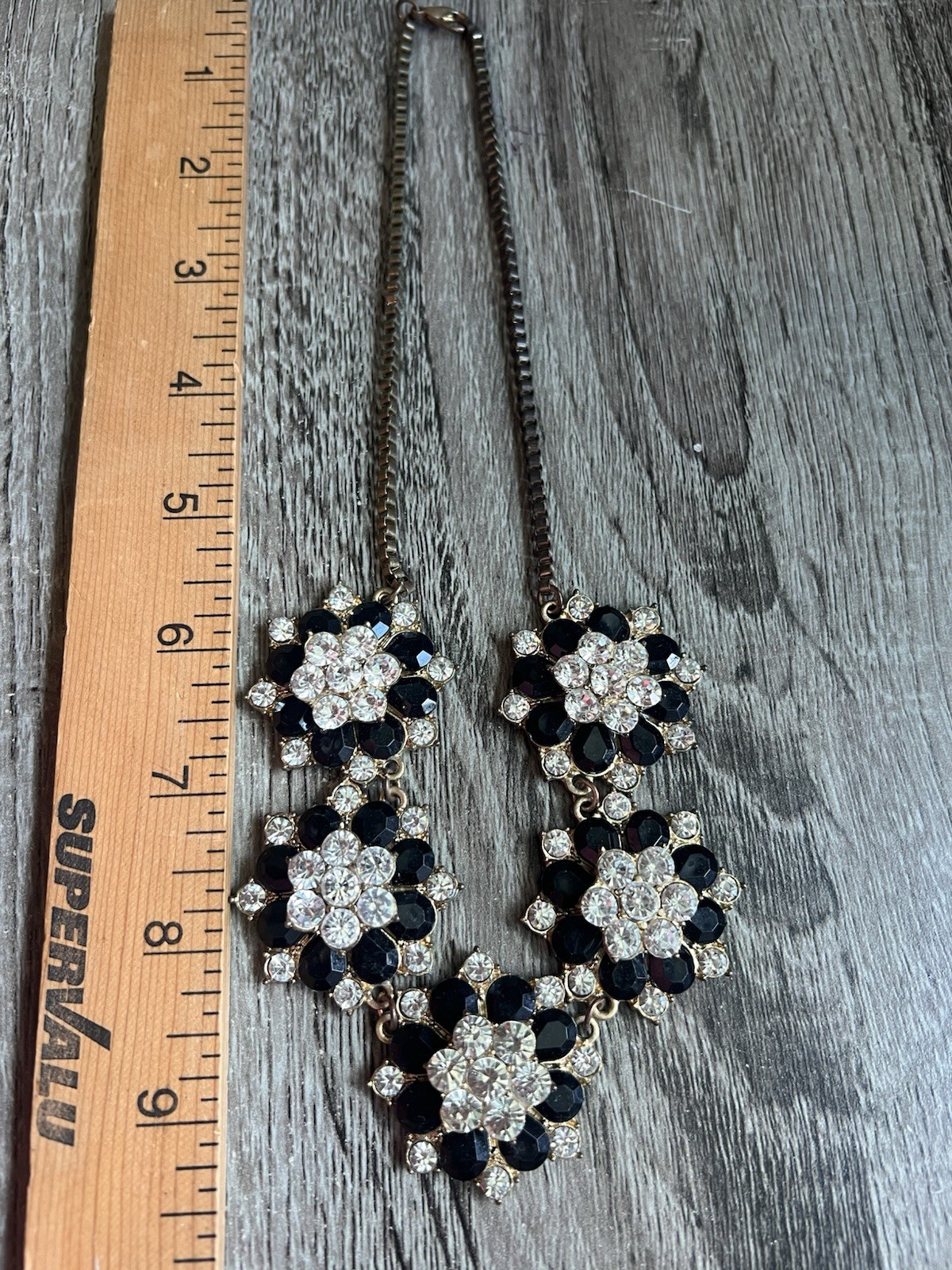 Statement Necklace Rhinestone Black Clear Gold Brass Tone